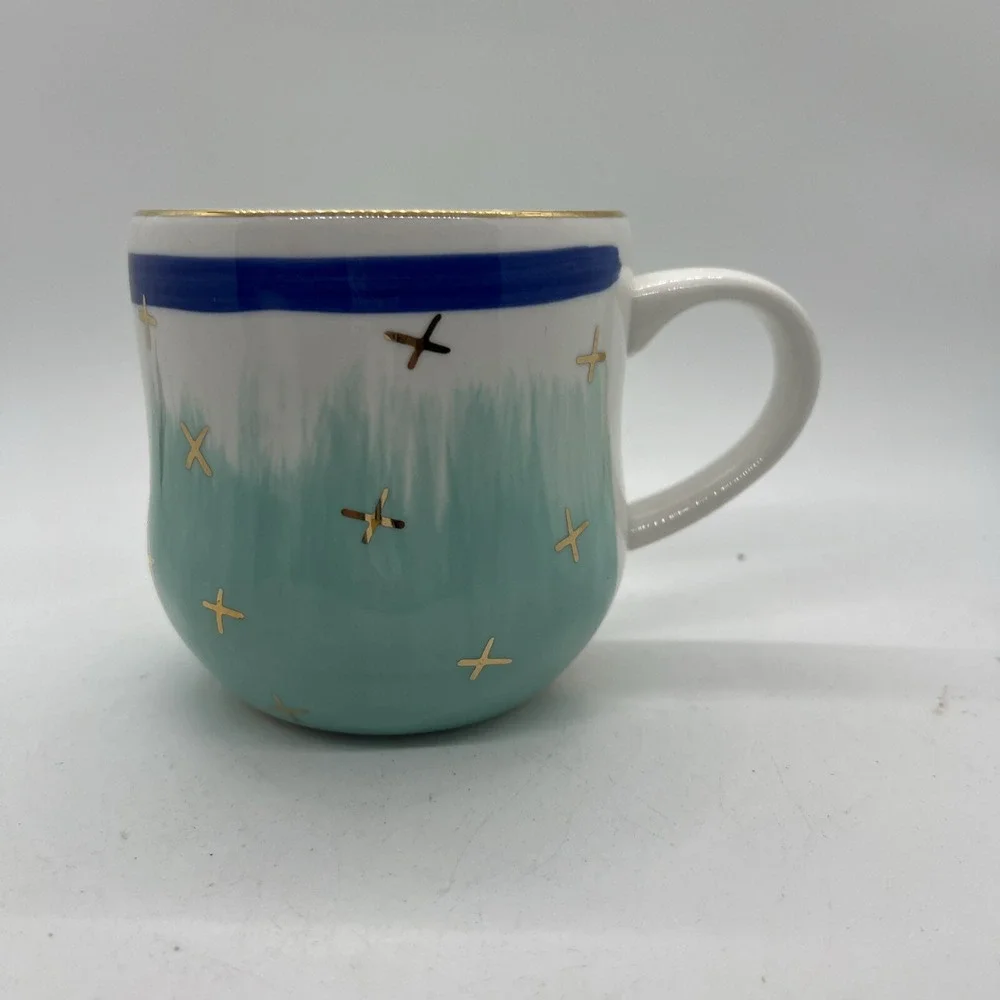Pier‎ One 1 Stoneware Coffee Mug Tea Cup Gold Stars Snowflakes Aqua Blue 20 Oz